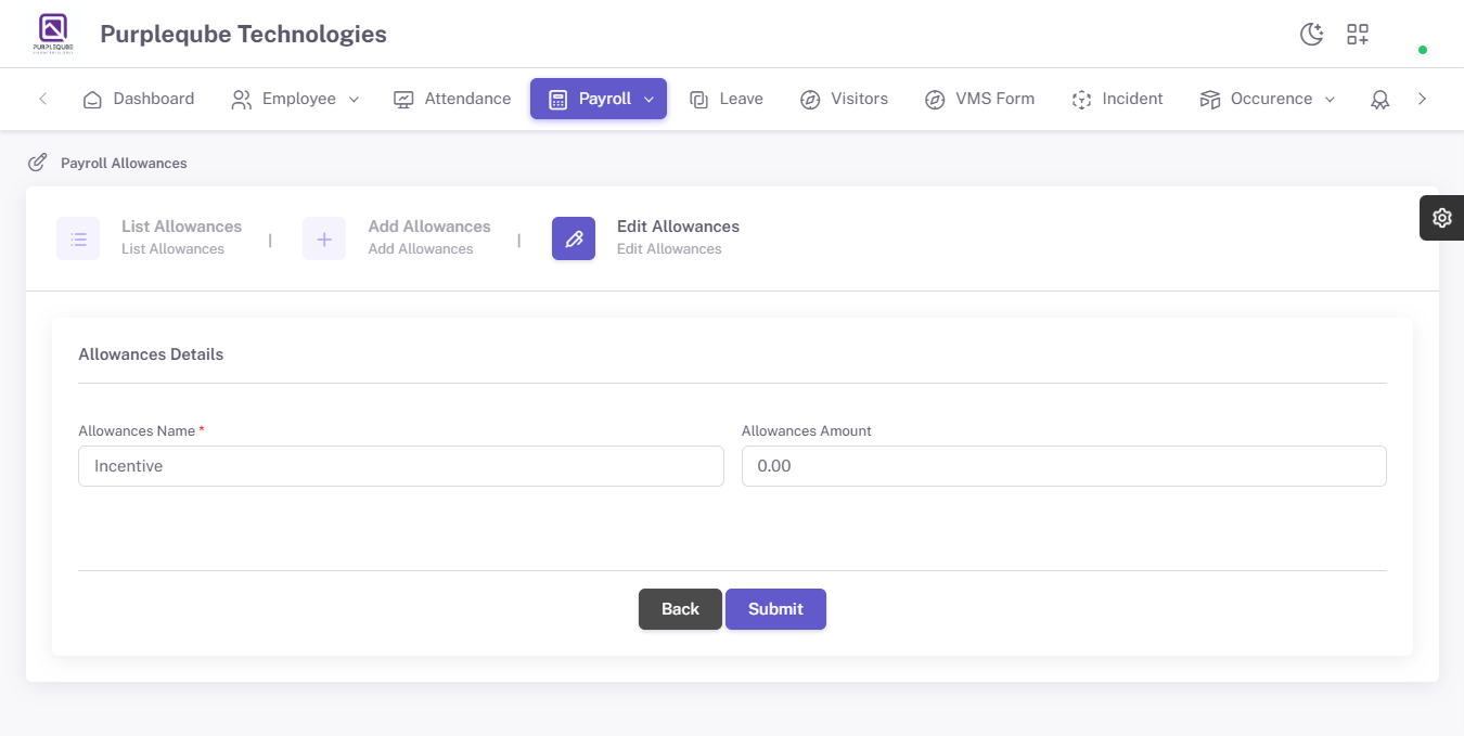 Edit Allowances form pre-filled with Incentive as the Allowances Name and 0.00 as the Allowances Amount